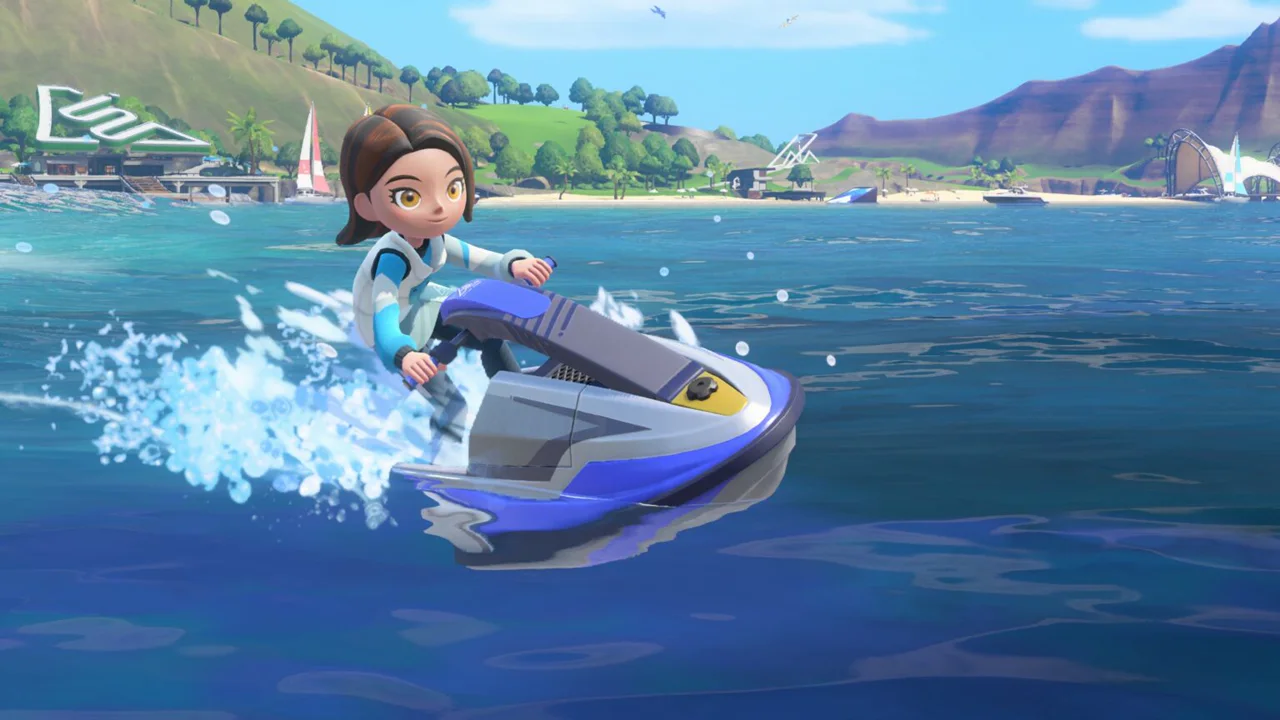 Sportsmate riding a power cruiser past the Wuhu Island coast in Nintendo Switch Sports Resort