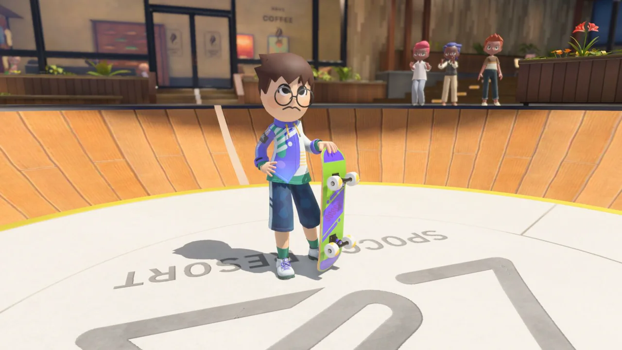Sportsmate standing in the Spocco Resort plaza in Nintendo Switch Sports Resort