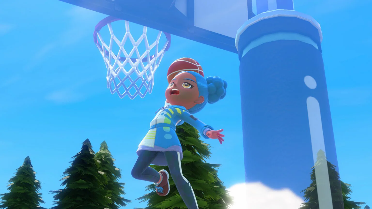 Nintendo Switch Sports Resort Sportsmate jumping for a dunk during a Basketball match on Wuhu Island